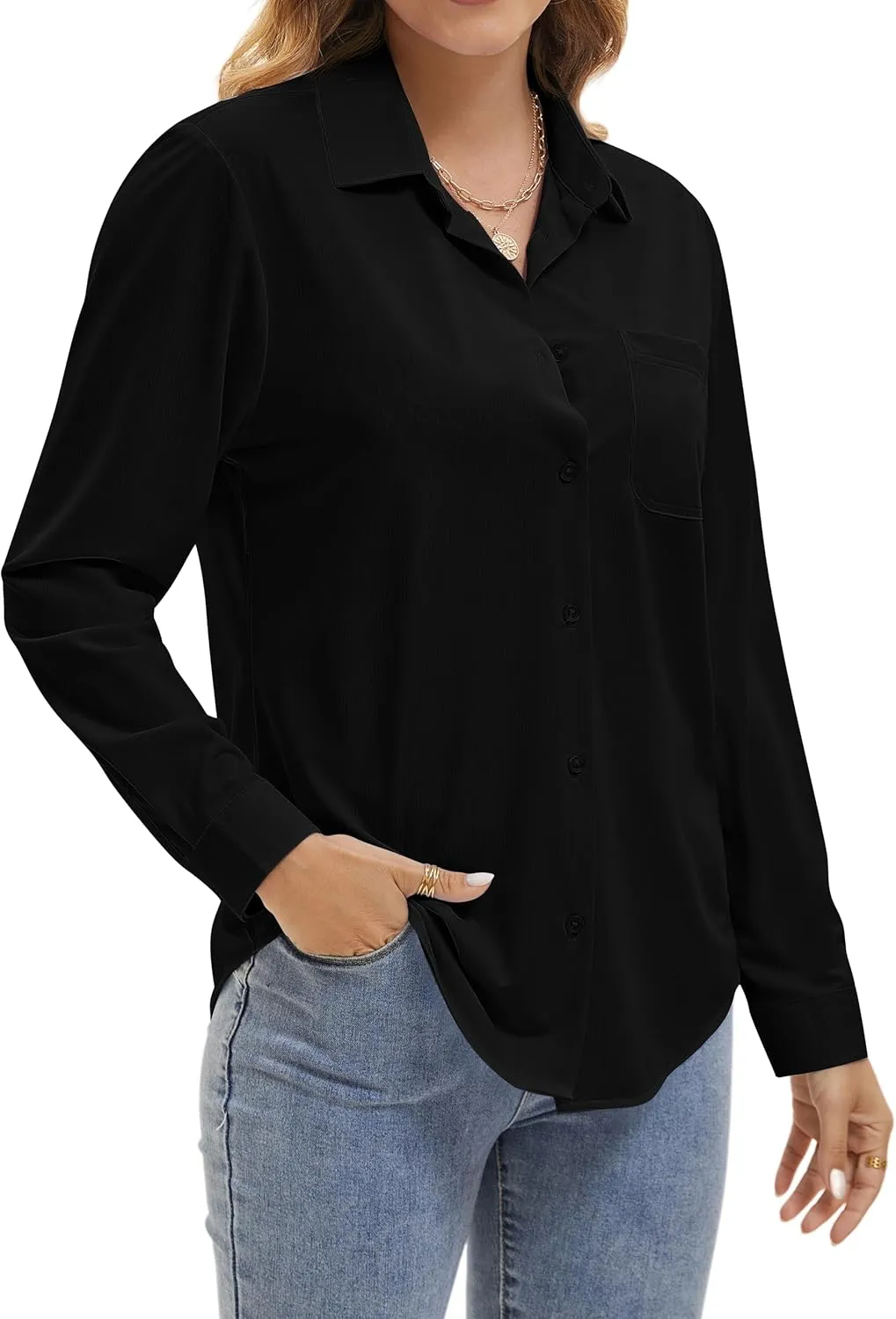 Wrinkle Free Striped Button Down Shirts Women Collared Long Sleeve Blouses Business Work Tops with Pocket