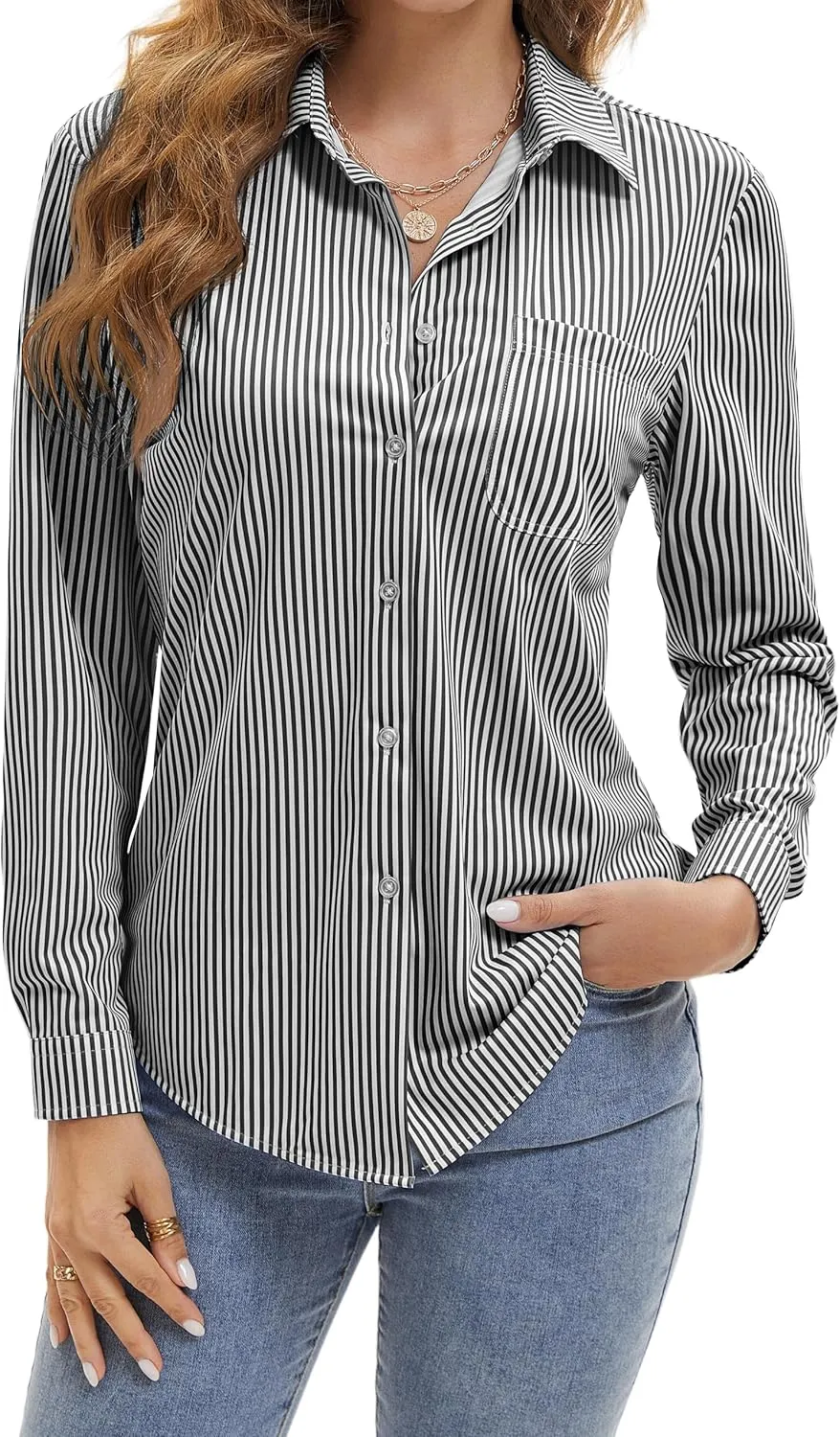 Wrinkle Free Striped Button Down Shirts Women Collared Long Sleeve Blouses Business Work Tops with Pocket