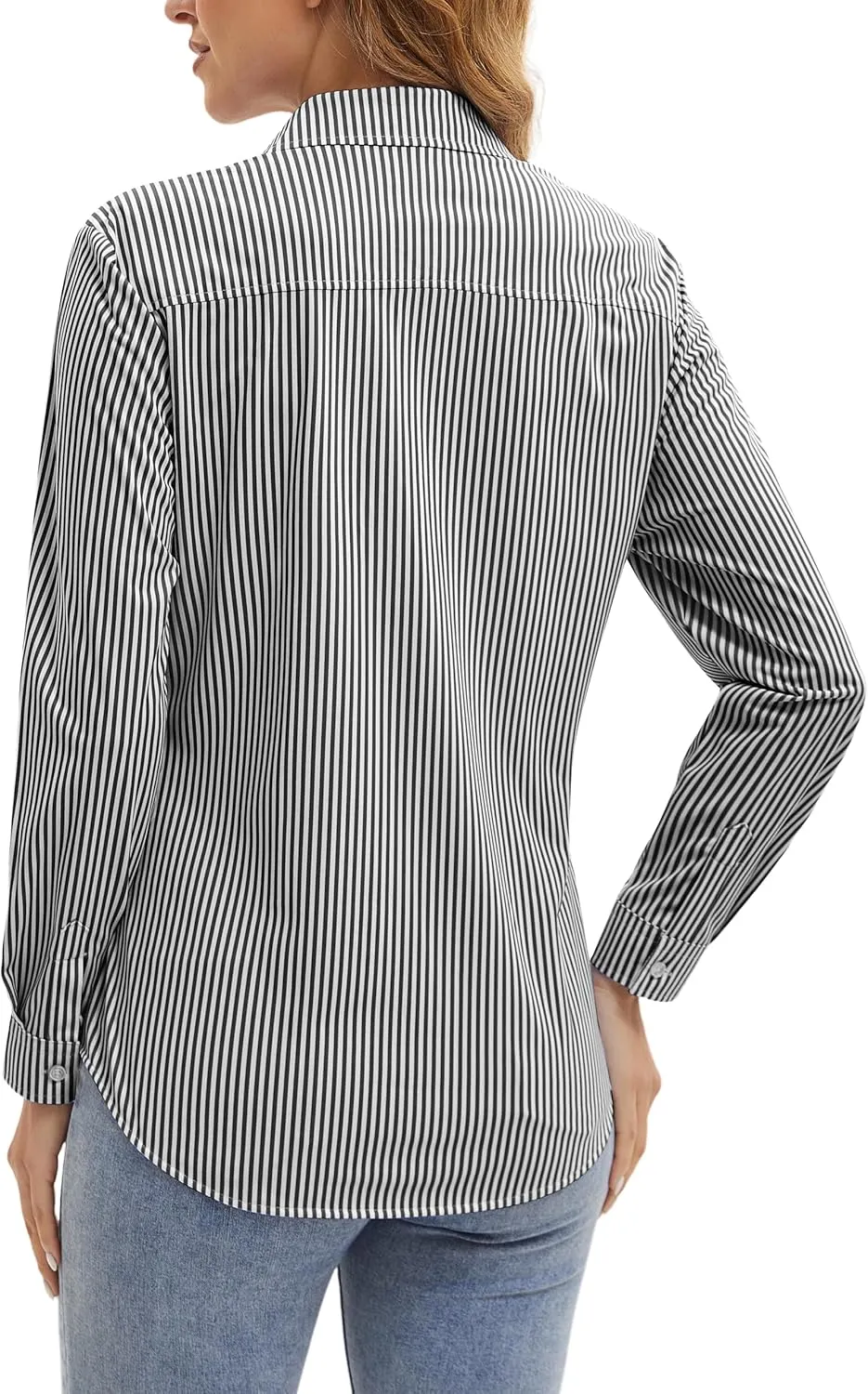 Wrinkle Free Striped Button Down Shirts Women Collared Long Sleeve Blouses Business Work Tops with Pocket