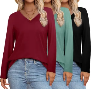 XIEERDUO Womens Long Sleeve Shirts-Fall Tops Basic Tshirts Loose Fit V Neck 3 Packs
