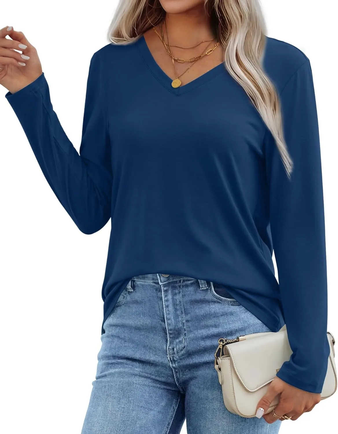 XIEERDUO Womens Long Sleeve Shirts-Fall Tops Basic Tshirts Loose Fit V Neck 3 Packs