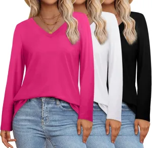 XIEERDUO Womens Long Sleeve Shirts-Fall Tops Basic Tshirts Loose Fit V Neck 3 Packs