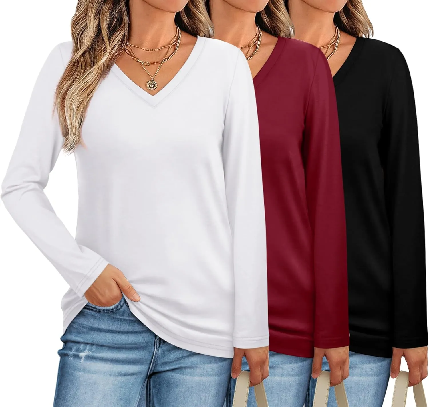 XIEERDUO Womens Long Sleeve Shirts-Fall Tops Basic Tshirts Loose Fit V Neck 3 Packs