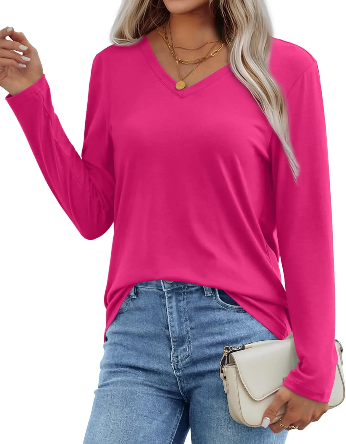 XIEERDUO Womens Long Sleeve Shirts-Fall Tops Basic Tshirts Loose Fit V Neck 3 Packs