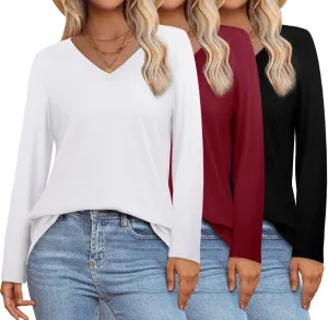 XIEERDUO Womens Long Sleeve Shirts-Fall Tops Basic Tshirts Loose Fit V Neck 3 Packs