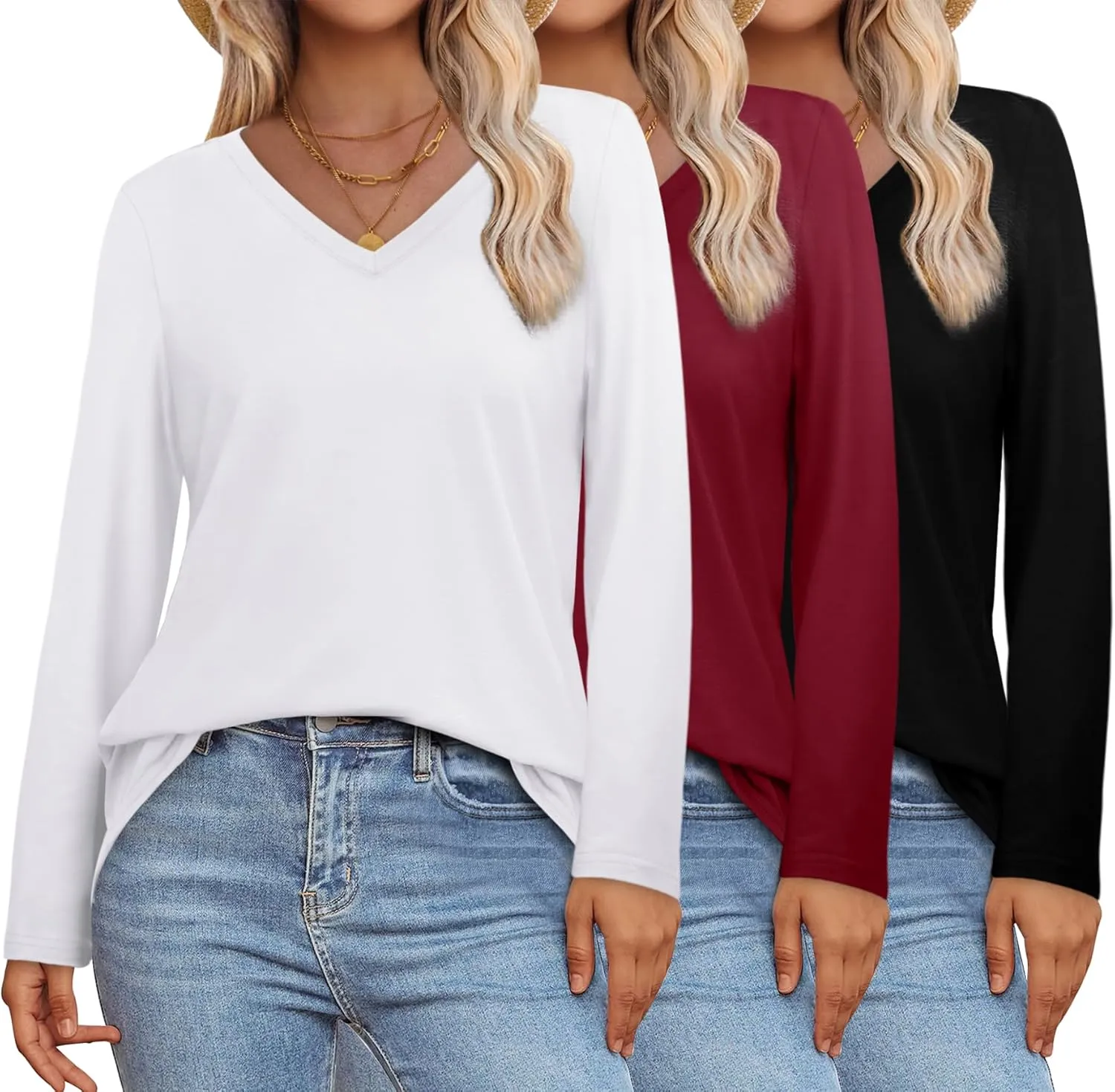 XIEERDUO Womens Long Sleeve Shirts-Fall Tops Basic Tshirts Loose Fit V Neck 3 Packs