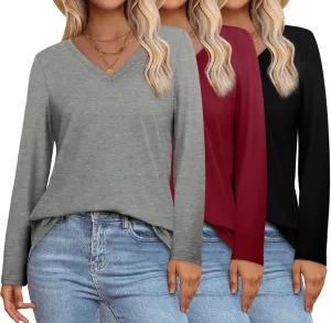 XIEERDUO Womens Long Sleeve Shirts-Fall Tops Basic Tshirts Loose Fit V Neck 3 Packs