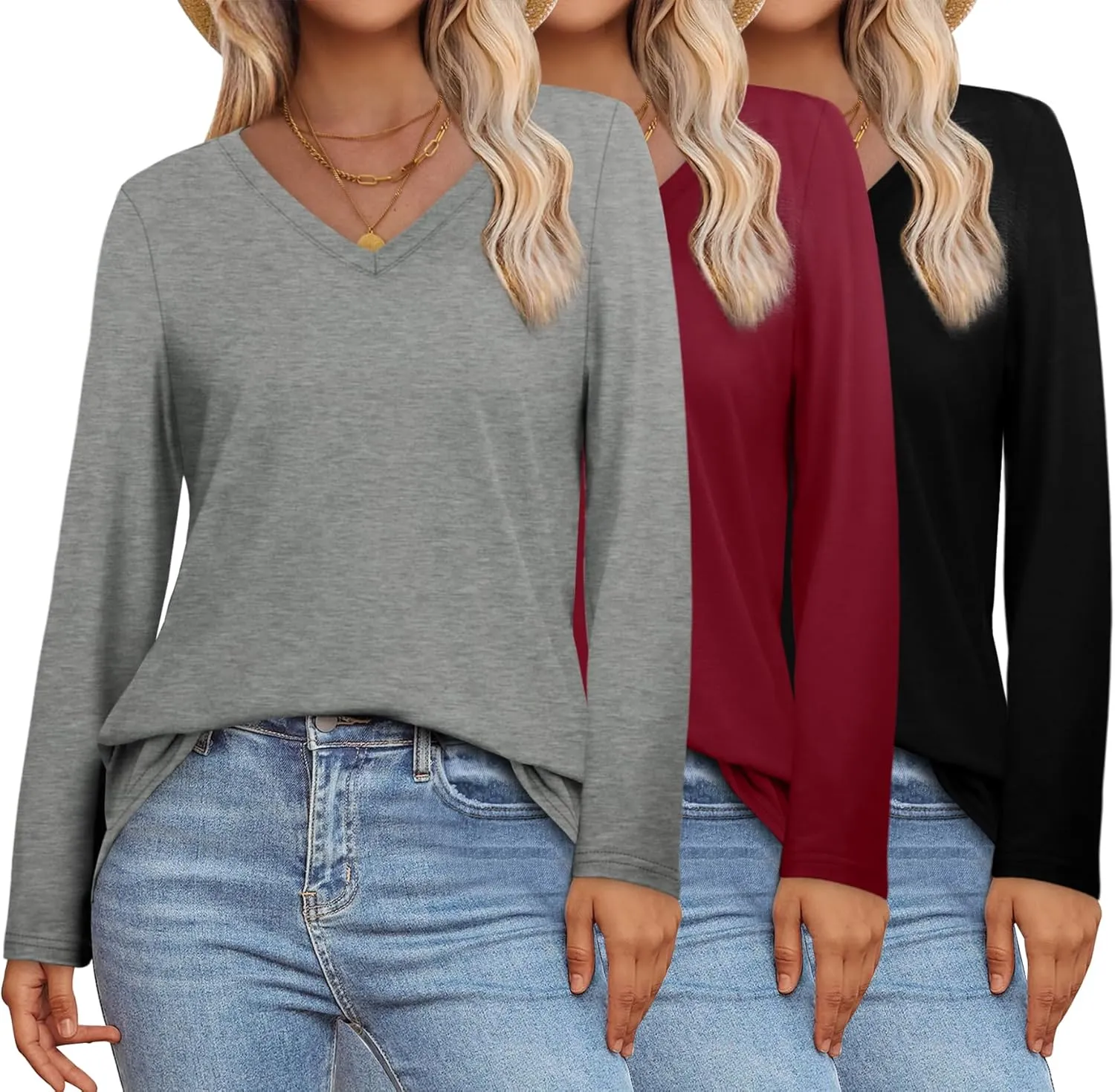 XIEERDUO Womens Long Sleeve Shirts-Fall Tops Basic Tshirts Loose Fit V Neck 3 Packs