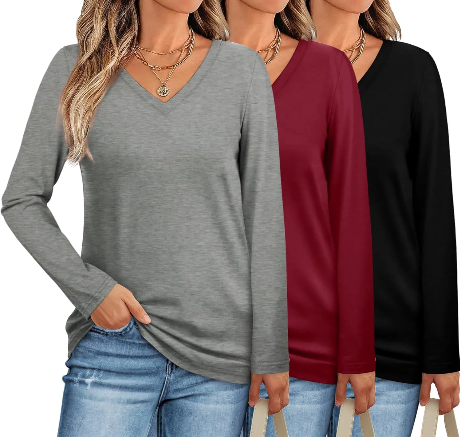 XIEERDUO Womens Long Sleeve Shirts-Fall Tops Basic Tshirts Loose Fit V Neck 3 Packs