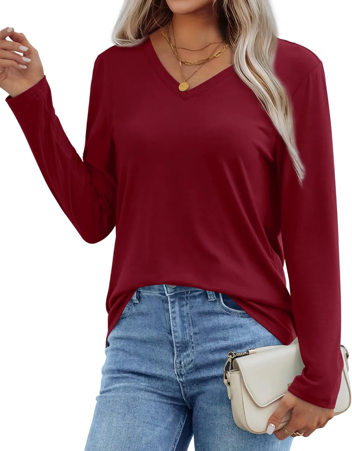 XIEERDUO Womens Long Sleeve Shirts-Fall Tops Basic Tshirts Loose Fit V Neck 3 Packs