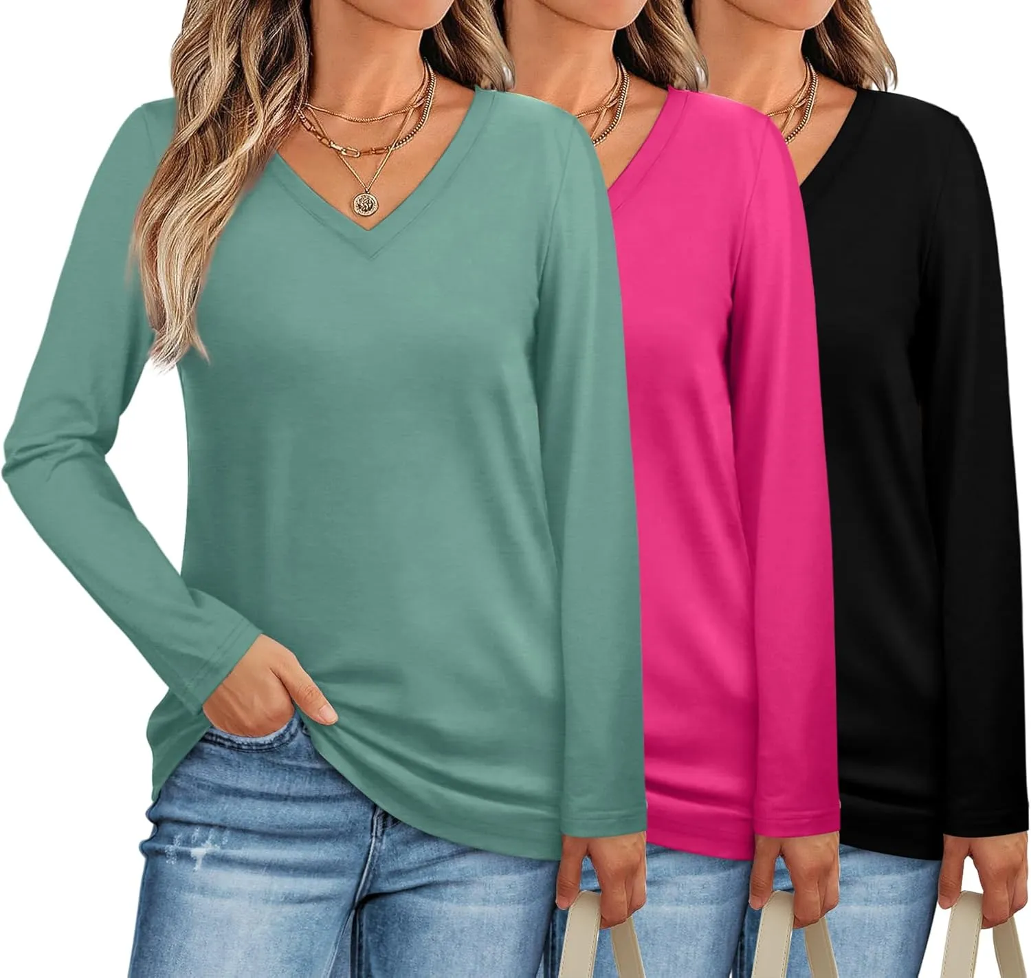 XIEERDUO Womens Long Sleeve Shirts-Fall Tops Basic Tshirts Loose Fit V Neck 3 Packs