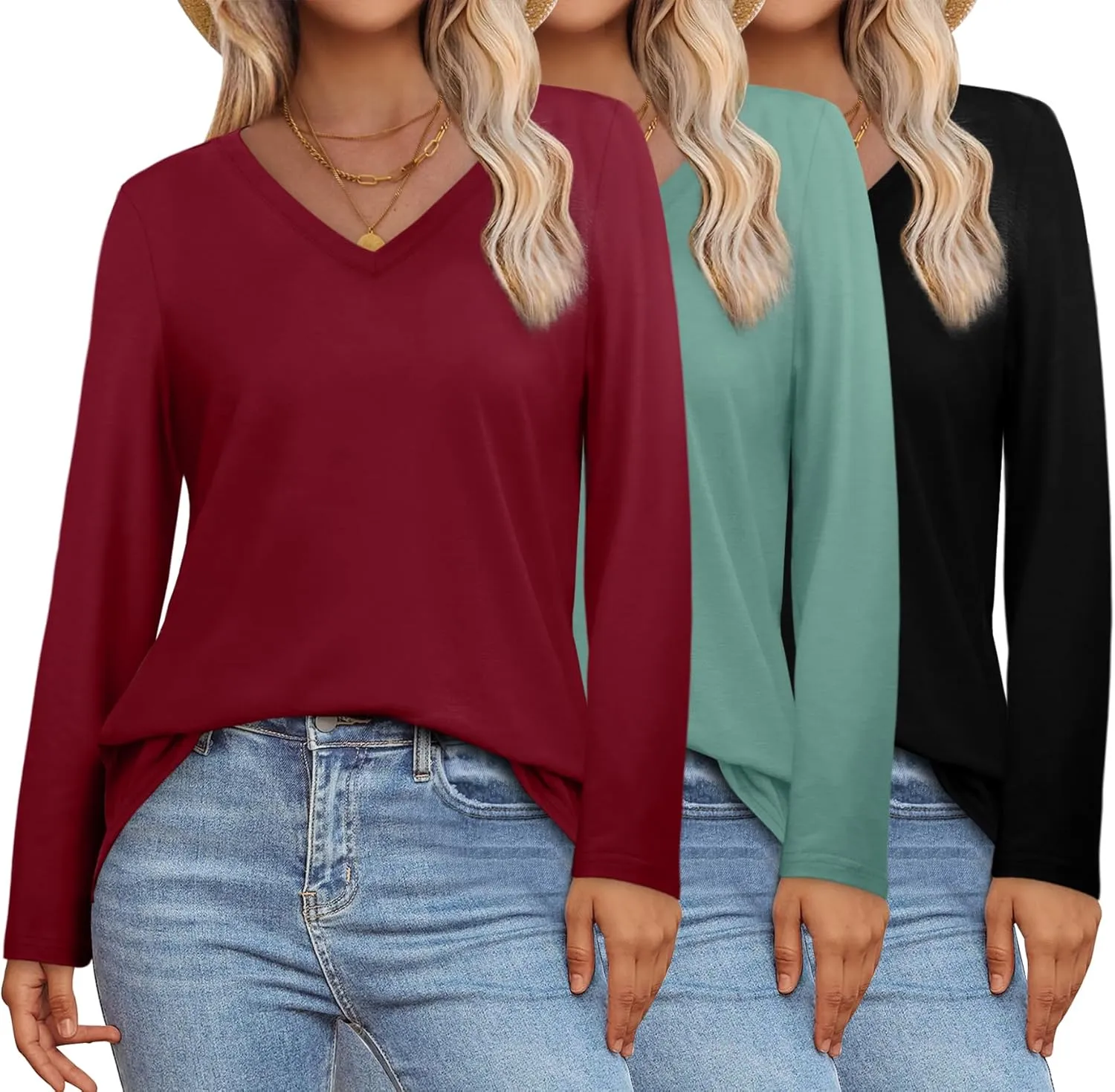 XIEERDUO Womens Long Sleeve Shirts-Fall Tops Basic Tshirts Loose Fit V Neck 3 Packs