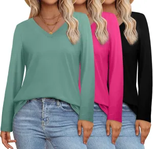 XIEERDUO Womens Long Sleeve Shirts-Fall Tops Basic Tshirts Loose Fit V Neck 3 Packs