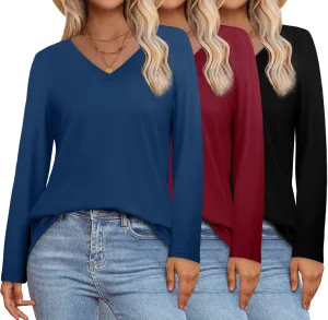 XIEERDUO Womens Long Sleeve Shirts-Fall Tops Basic Tshirts Loose Fit V Neck 3 Packs