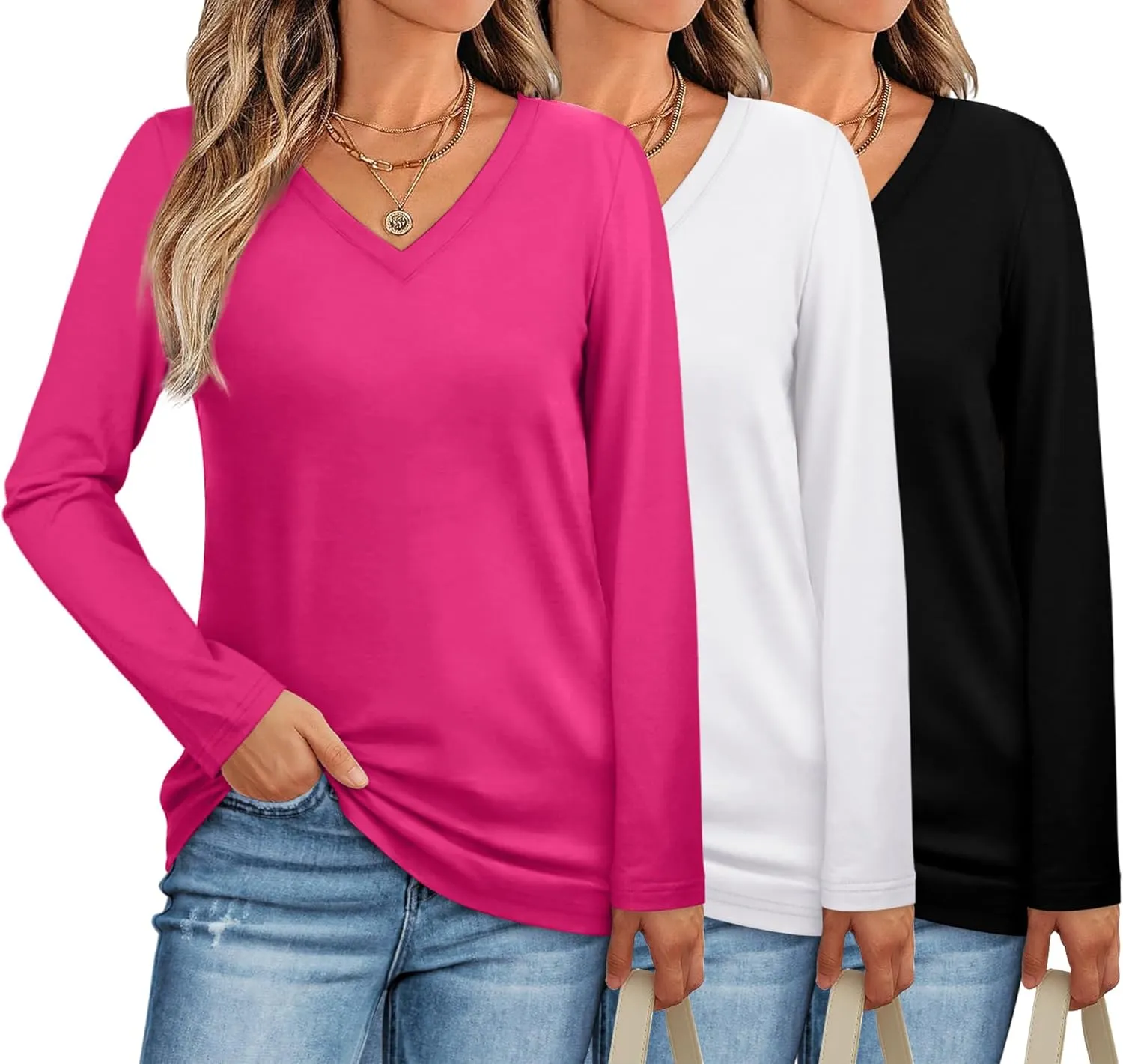 XIEERDUO Womens Long Sleeve Shirts-Fall Tops Basic Tshirts Loose Fit V Neck 3 Packs