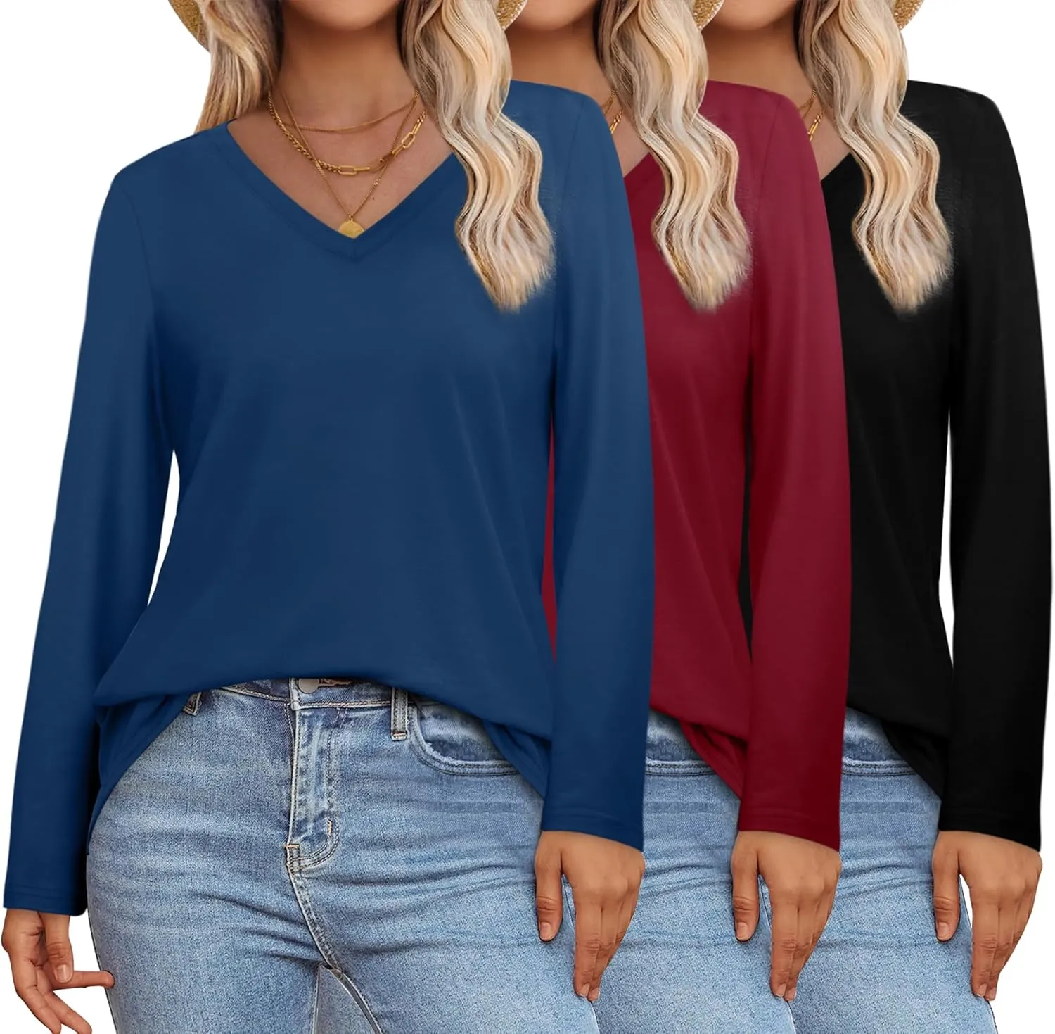 XIEERDUO Womens Long Sleeve Shirts-Fall Tops Basic Tshirts Loose Fit V Neck 3 Packs