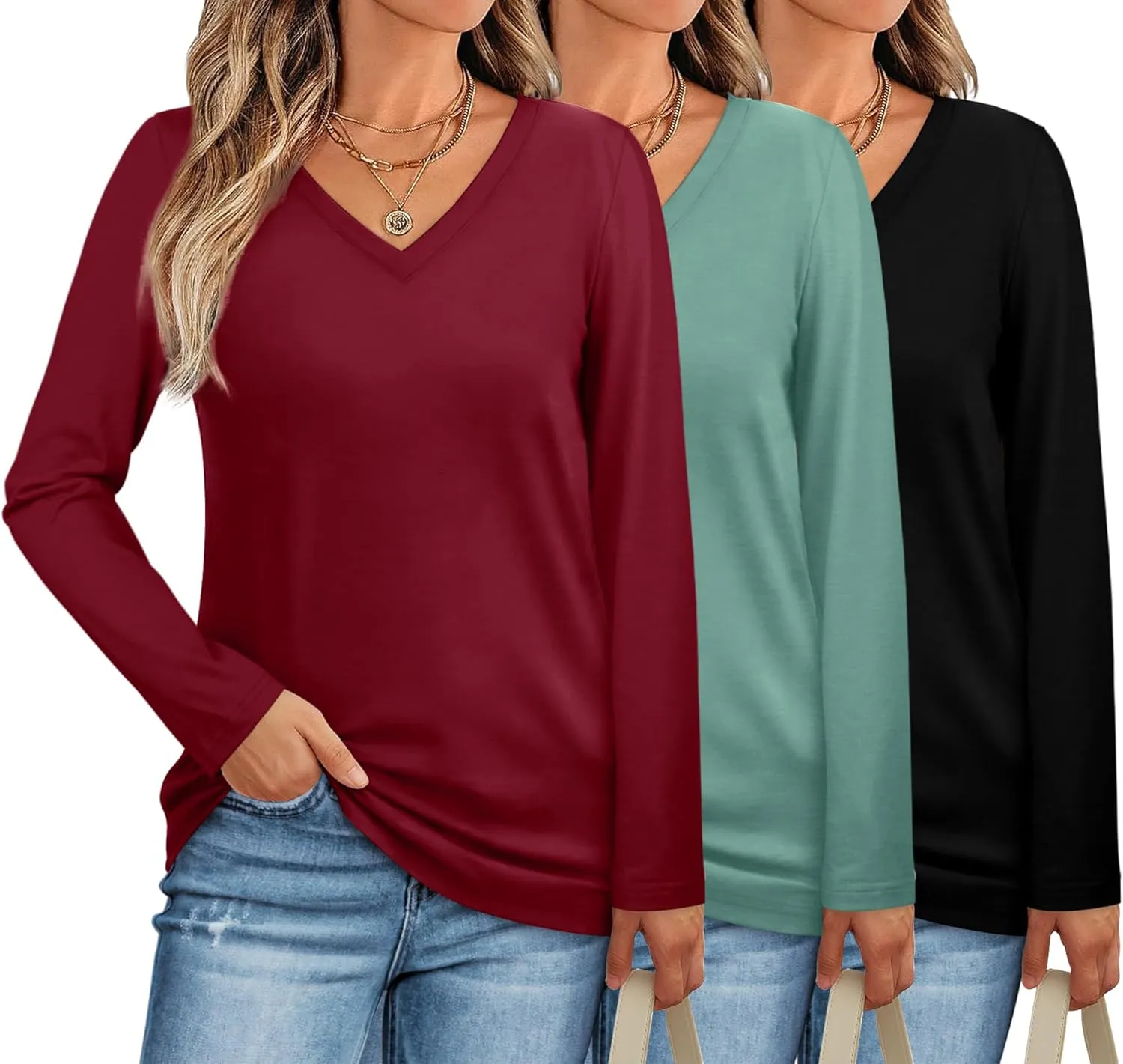 XIEERDUO Womens Long Sleeve Shirts-Fall Tops Basic Tshirts Loose Fit V Neck 3 Packs