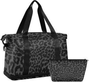 xigua Leopard Black Gym Bag Waterproof Weekender Bags Travel Duffel Bag with Toiletry Bag & Wet Pocket, Carry On Overnight Bag Hospital Bags