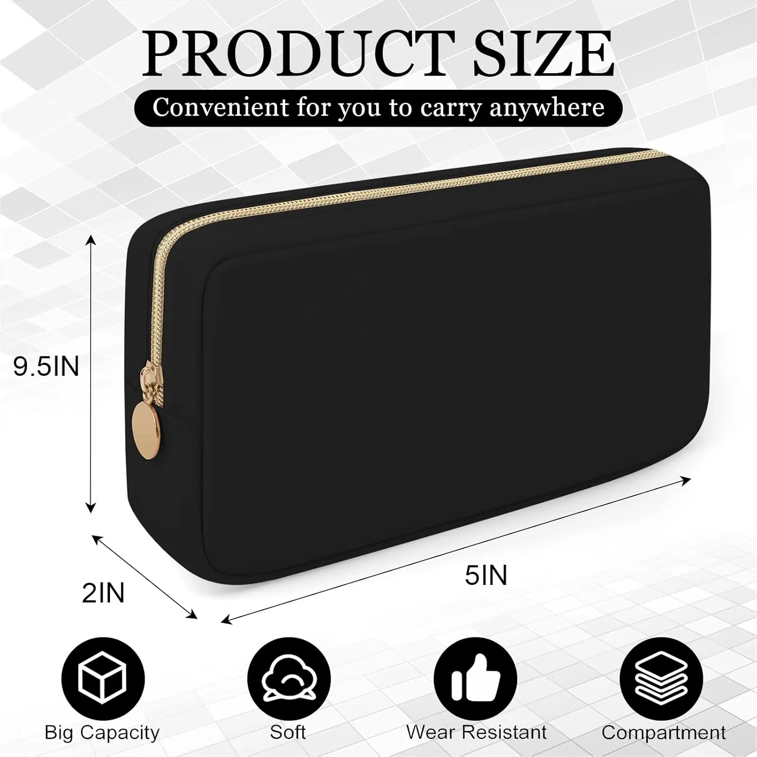 XSUIOY Makeup Bag Travel Bag Pouch for Purse, Cute Preppy Makeup Bag Cosmetic Zipper Pouch Purse Organizer Bag for Women, Waterproof Nylon Coin Pouch Sanitary Napkin Storage Bag for WorkBlack-Middle