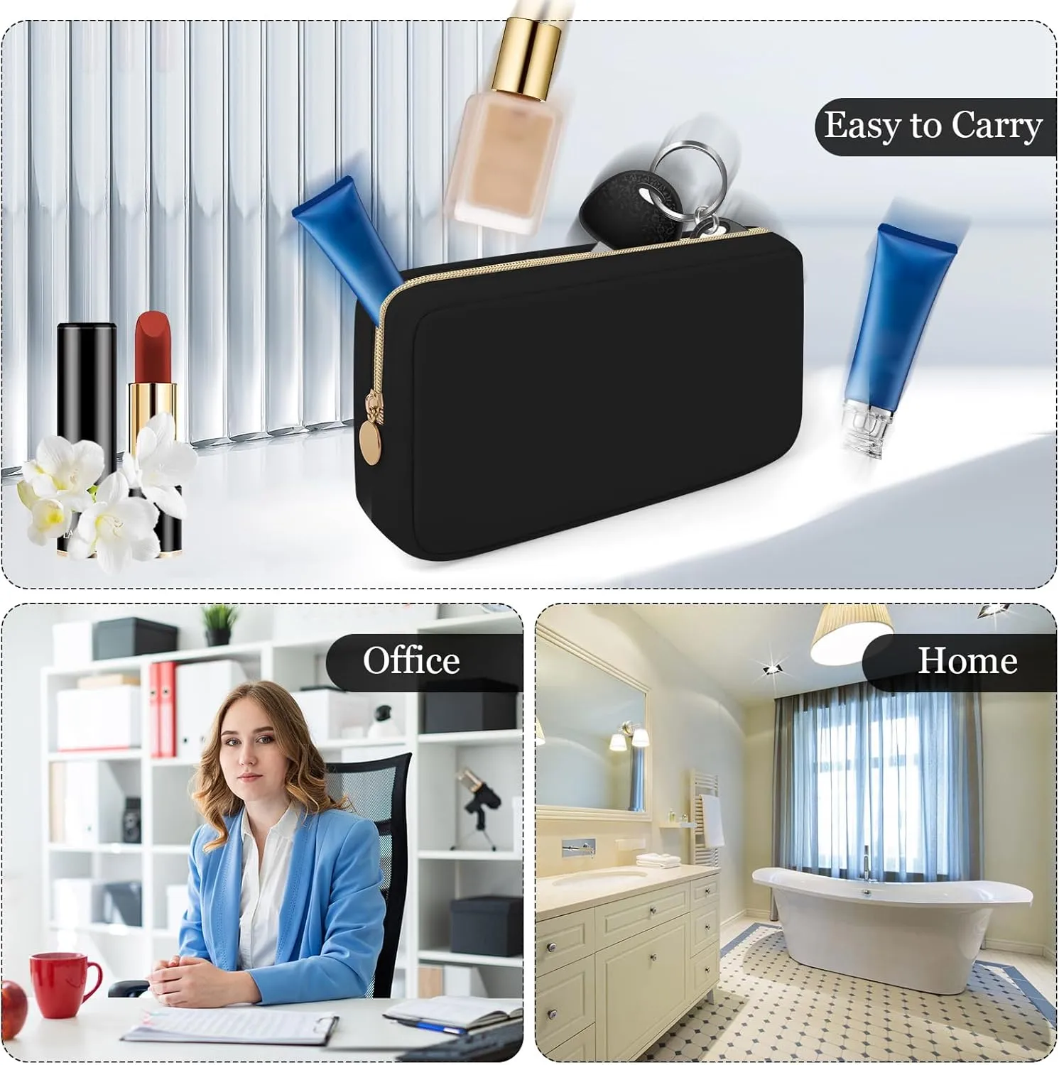 XSUIOY Makeup Bag Travel Bag Pouch for Purse, Cute Preppy Makeup Bag Cosmetic Zipper Pouch Purse Organizer Bag for Women, Waterproof Nylon Coin Pouch Sanitary Napkin Storage Bag for WorkBlack-Middle