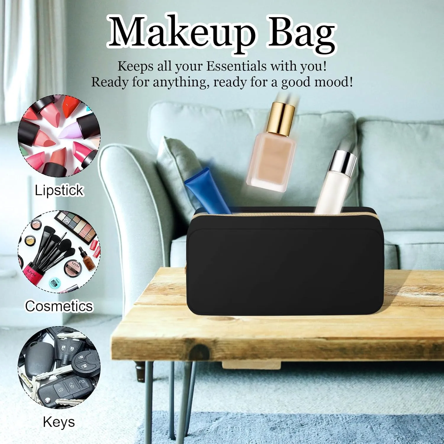 XSUIOY Makeup Bag Travel Bag Pouch for Purse, Cute Preppy Makeup Bag Cosmetic Zipper Pouch Purse Organizer Bag for Women, Waterproof Nylon Coin Pouch Sanitary Napkin Storage Bag for WorkBlack-Middle