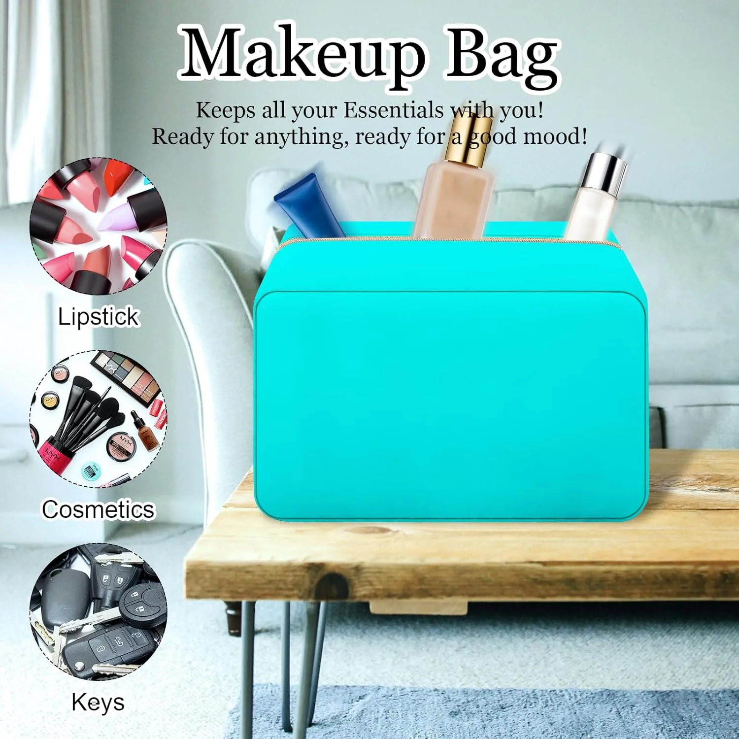 XSUIOY Makeup Bag Travel Bag Pouch for Purse, Cute Preppy Makeup Bag Cosmetic Zipper Pouch Purse Organizer Bag for Women, Waterproof Nylon Coin Pouch Sanitary Napkin Storage Bag for Work(Cyan-Large)