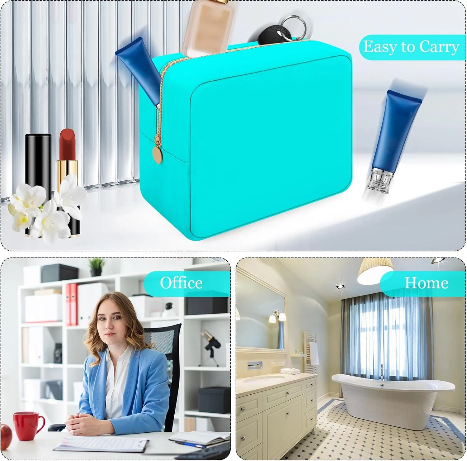 XSUIOY Makeup Bag Travel Bag Pouch for Purse, Cute Preppy Makeup Bag Cosmetic Zipper Pouch Purse Organizer Bag for Women, Waterproof Nylon Coin Pouch Sanitary Napkin Storage Bag for Work(Cyan-Large)