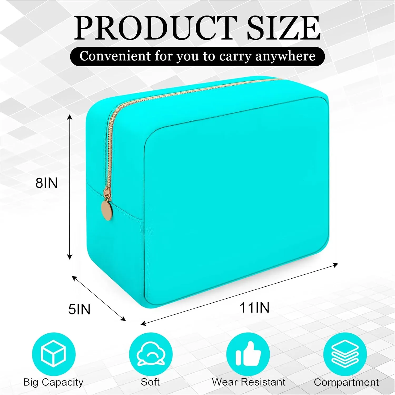 XSUIOY Makeup Bag Travel Bag Pouch for Purse, Cute Preppy Makeup Bag Cosmetic Zipper Pouch Purse Organizer Bag for Women, Waterproof Nylon Coin Pouch Sanitary Napkin Storage Bag for Work(Cyan-Large)