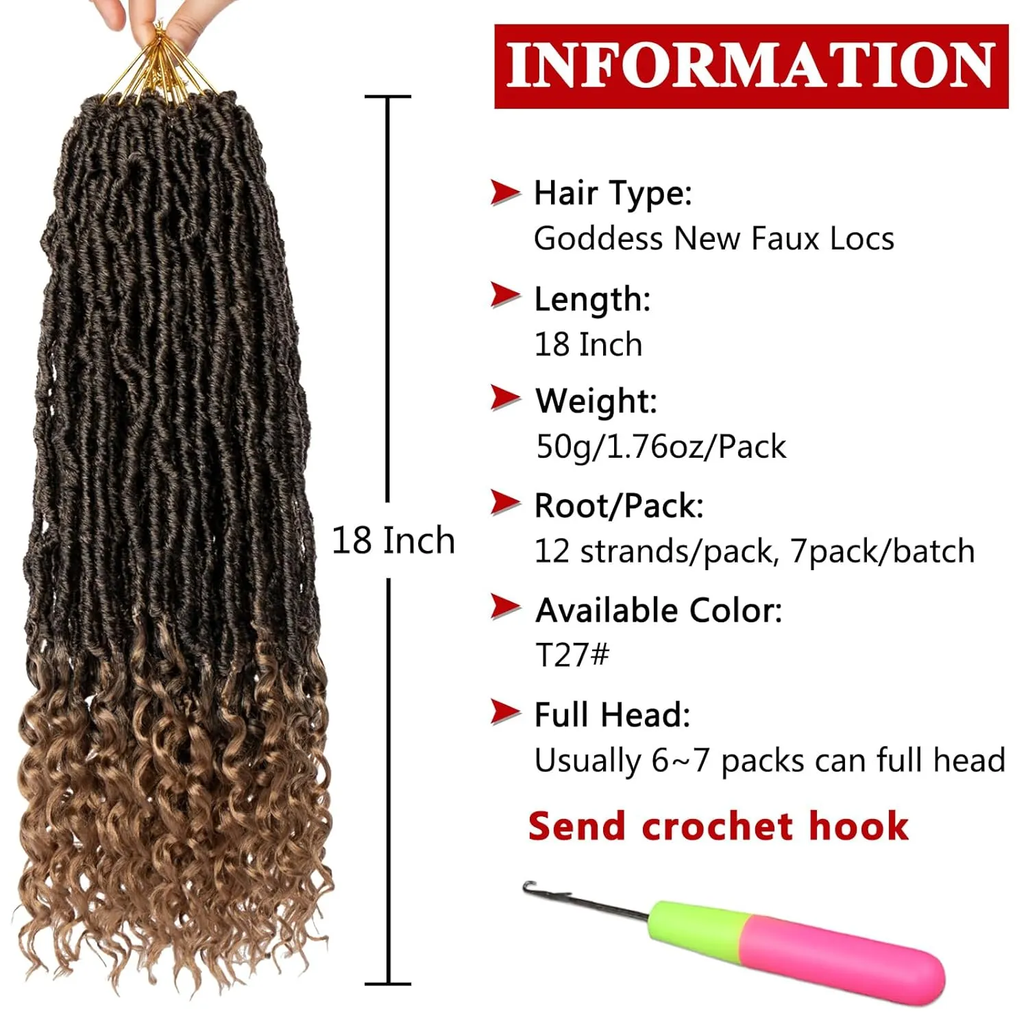Xtrend 18 Inch New Faux Locs Crochet Braids With Curly Ends 7 Packs Soft Goddess Faux Locs Crochet Hair Natural Pre-looped Synthetic Crochet Braiding Hair for Women (12Strands/pack T27#)