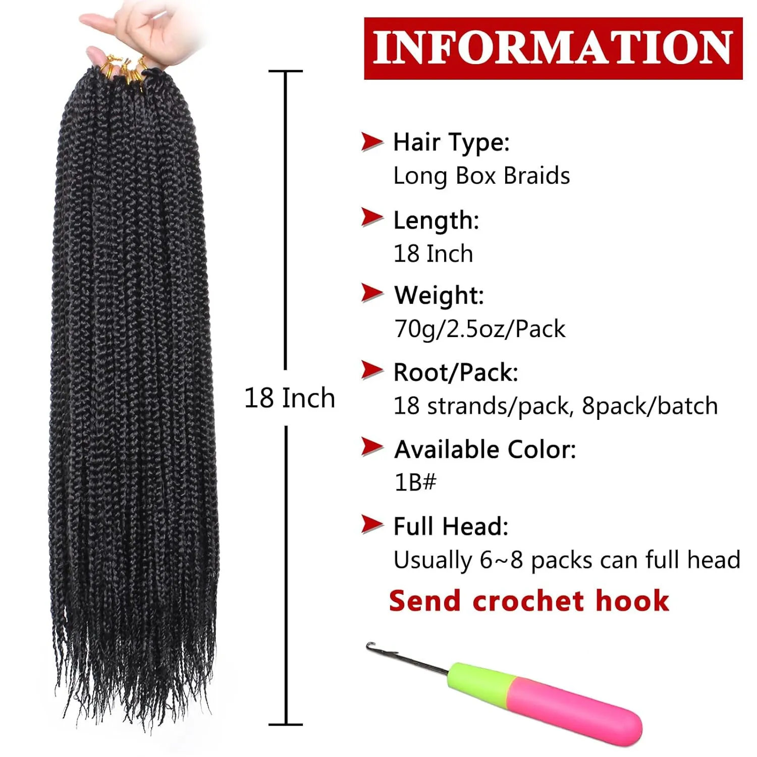 Xtrend 8 Packs 18 Inch Box Braids Crochet Hair 144 Strands Medium Knotless Box Braiding Hair Pre-looped Synthetic 3X Braids Hair Extension for Women (1B#)