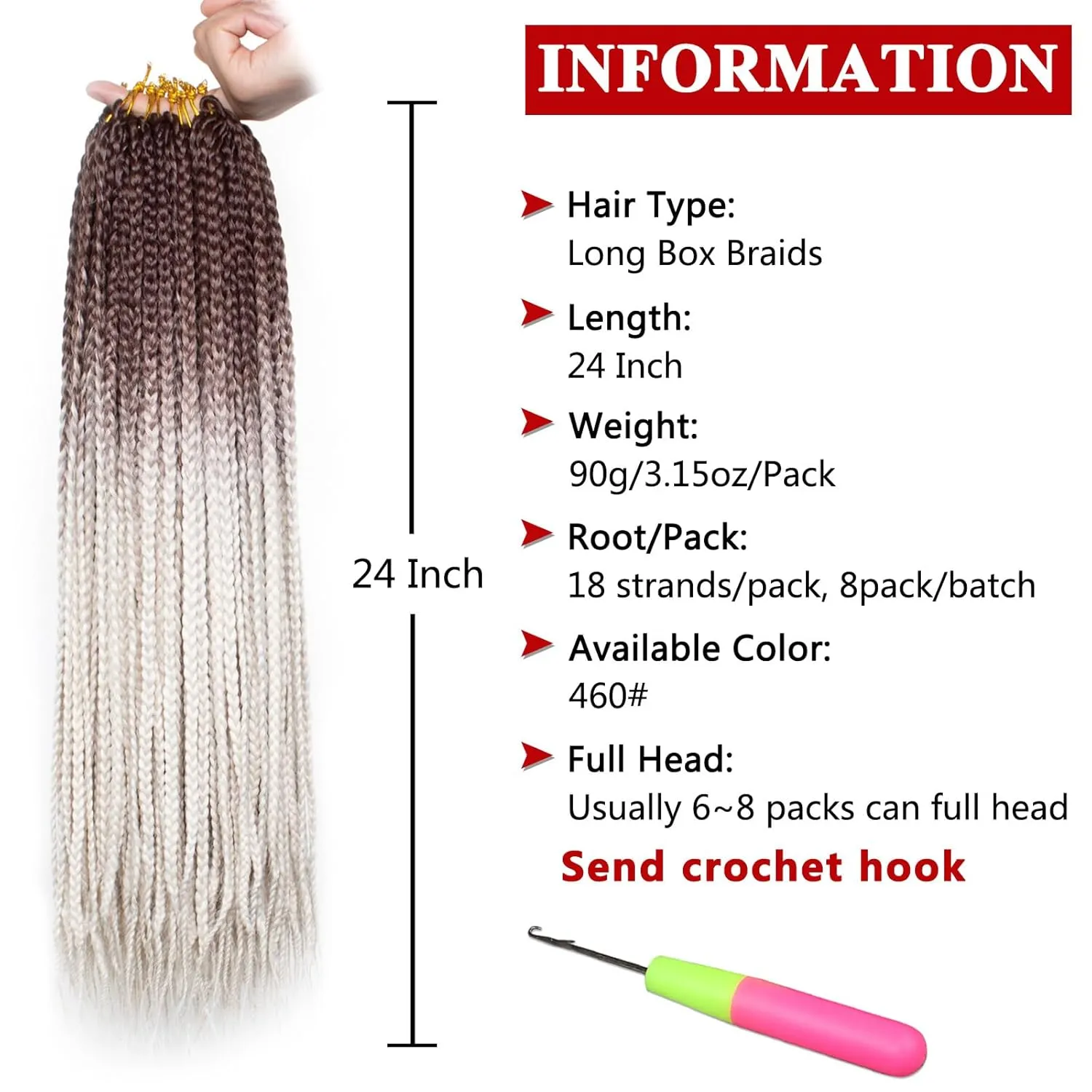 Xtrend 8 Packs 24 Inch Box Braids Crochet Hair 144 Strands Pre-looped 3X Braids Medium Boho Braids Hair Extensions Auburn Long Box Braids Synthetic Crochet Hair for Woman (460#)