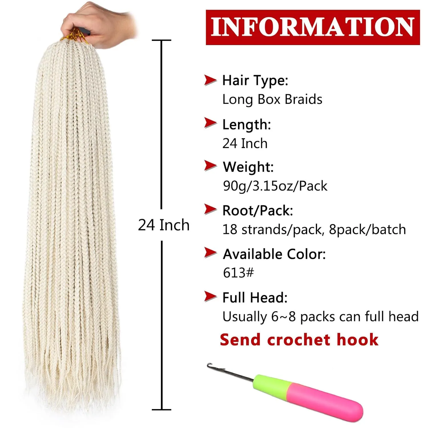 Xtrend 8 Packs 24 Inch Box Braids Crochet Hair 144 Strands Pre-Looped Blonde Crotchet 3X Braids Medium Synthetic Braiding Hair Extension for Women (613#)