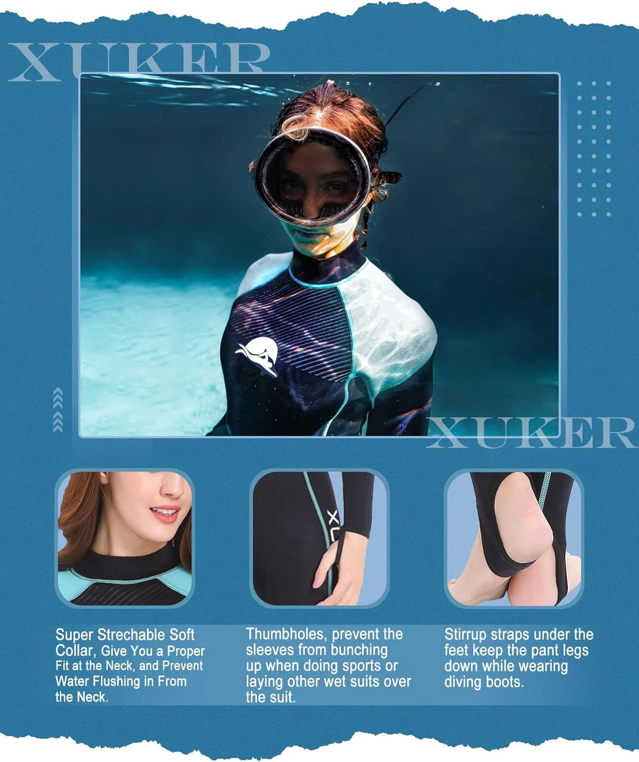 XUKER Women Men Wetsuit 2mm 3mm, Neoprene Wet Suits Front/Back Zip in Cold Water Full Body Dive Suit for Water Sports