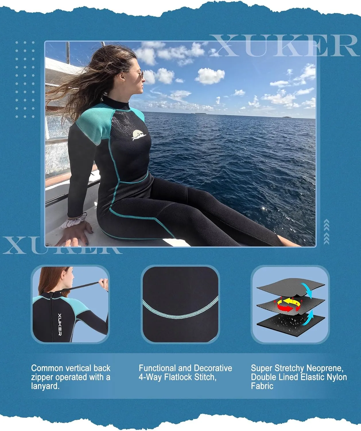 XUKER Women Men Wetsuit 2mm 3mm, Neoprene Wet Suits Front/Back Zip in Cold Water Full Body Dive Suit for Water Sports