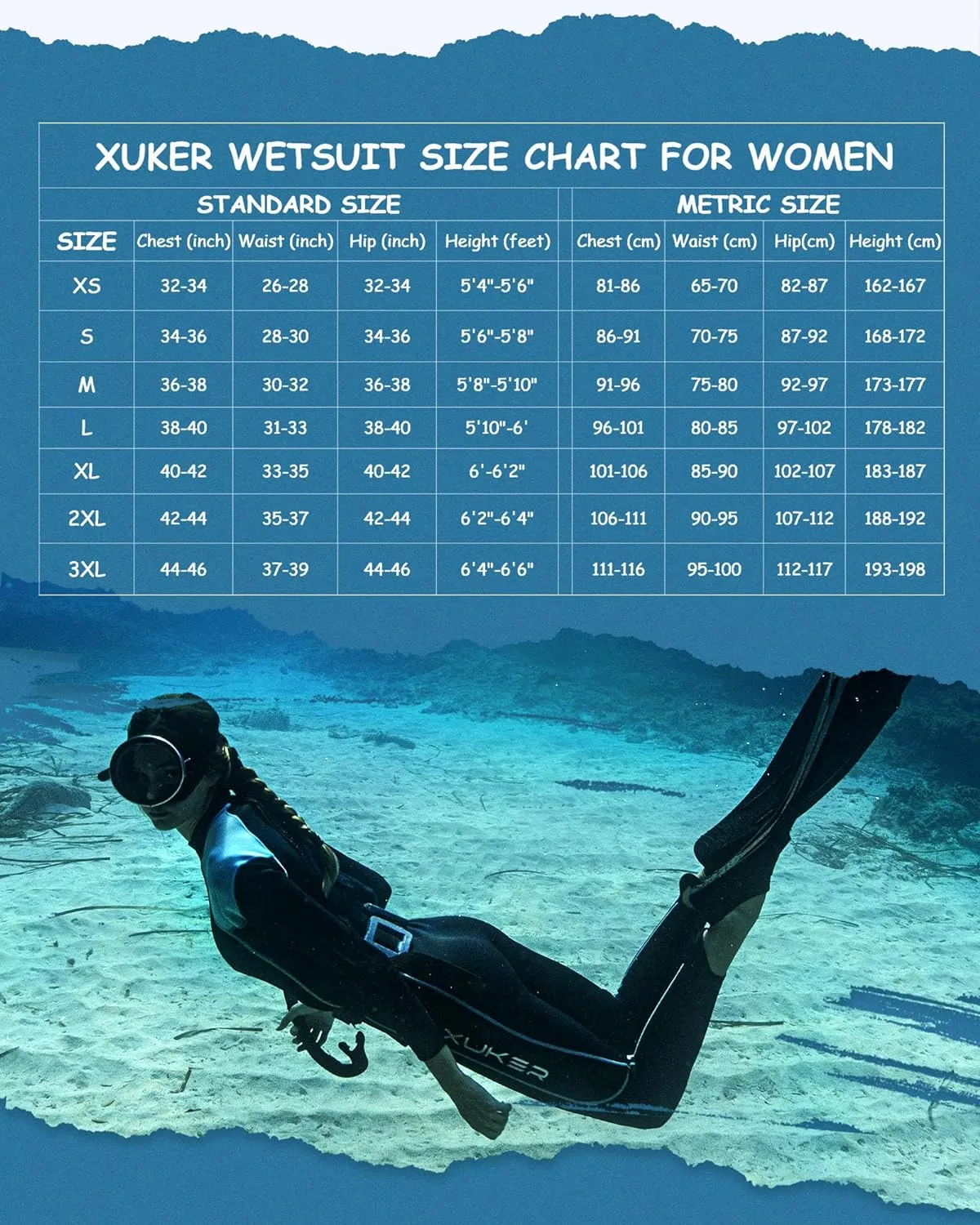 XUKER Women Men Wetsuit 2mm 3mm, Neoprene Wet Suits Front/Back Zip in Cold Water Full Body Dive Suit for Water Sports