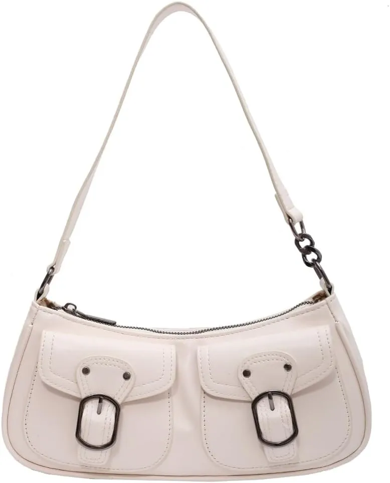 Y2K Shoulder Bag, Women Trendy Shopping Bag Simple Underarm Bag Double Pockets PU Leather Retro Bag