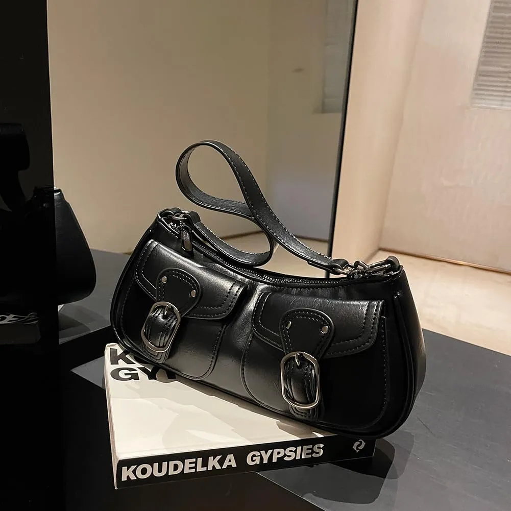 Y2K Shoulder Bag, Women Trendy Shopping Bag Simple Underarm Bag Double Pockets PU Leather Retro Bag