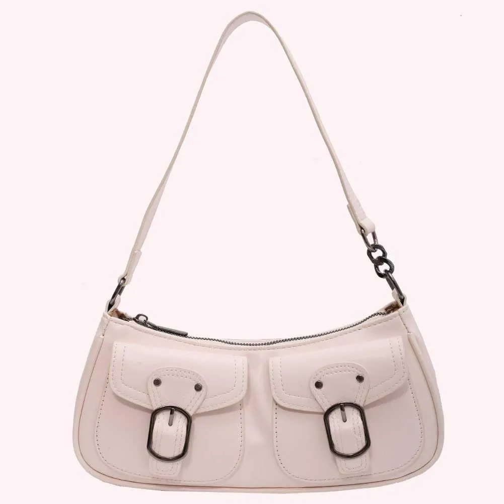 Y2K Shoulder Bag, Women Trendy Shopping Bag Simple Underarm Bag Double Pockets PU Leather Retro Bag