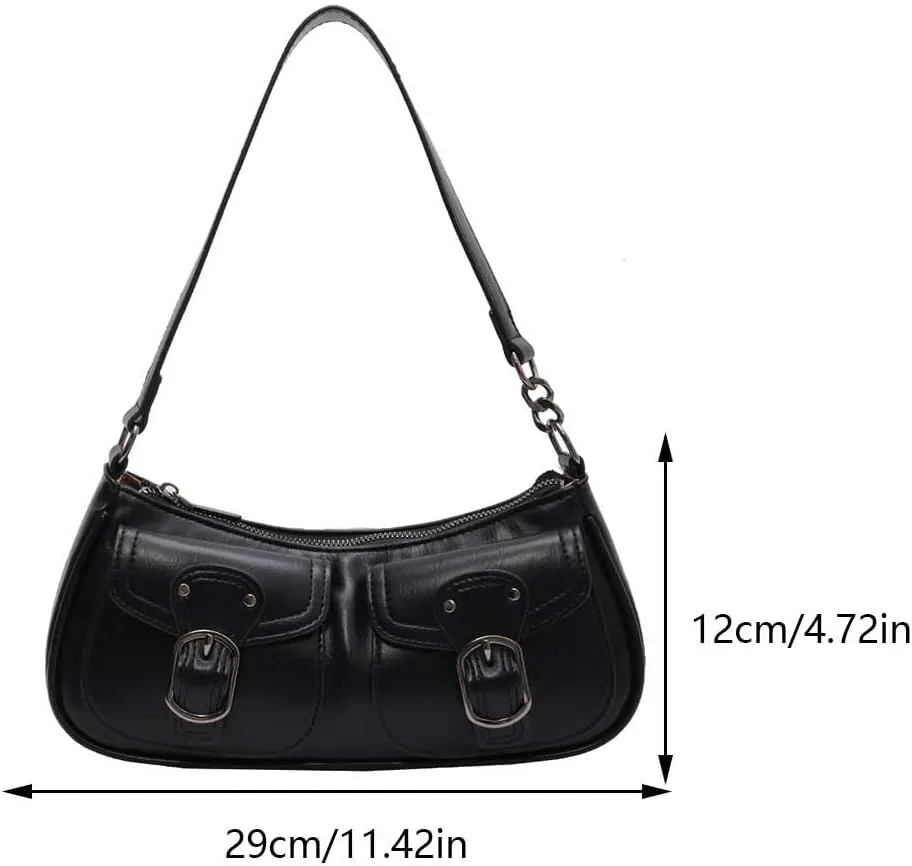 Y2K Shoulder Bag, Women Trendy Shopping Bag Simple Underarm Bag Double Pockets PU Leather Retro Bag