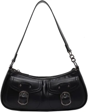 Y2K Shoulder Bag, Women Trendy Shopping Bag Simple Underarm Bag Double Pockets PU Leather Retro Bag
