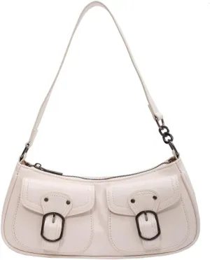 Y2K Shoulder Bag, Women Trendy Shopping Bag Simple Underarm Bag Double Pockets PU Leather Retro Bag