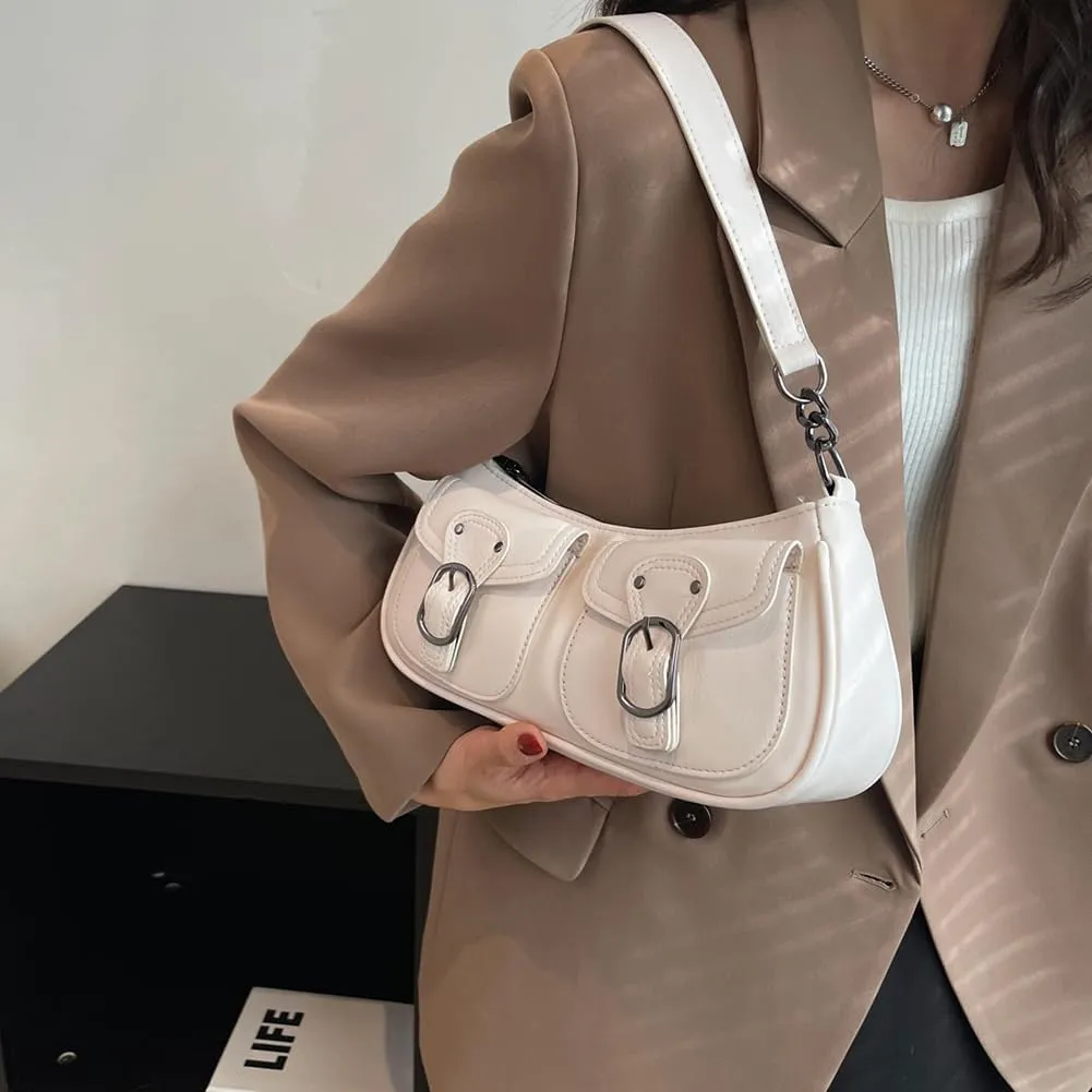 Y2K Shoulder Bag, Women Trendy Shopping Bag Simple Underarm Bag Double Pockets PU Leather Retro Bag