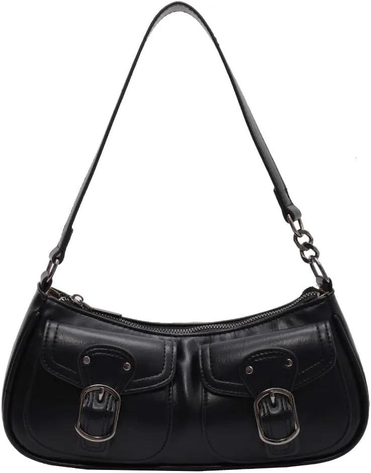 Y2K Shoulder Bag, Women Trendy Shopping Bag Simple Underarm Bag Double Pockets PU Leather Retro Bag