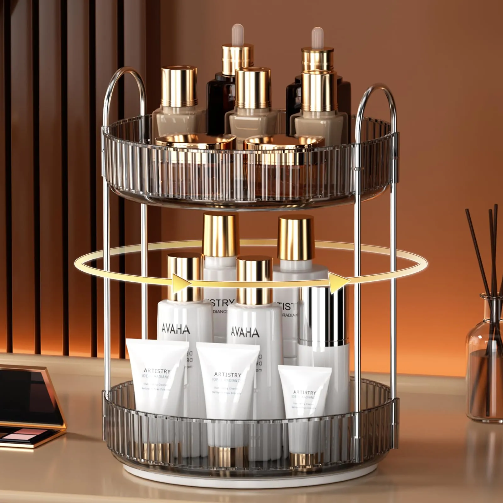 YCIA&DONE 360 Rotating Makeup Organizer and Storage for Vanity Countertop 2 Tiers, High Capacity Cosmetic Skincare Perfume Organizers for Dresser Bathroom Lazy Susan (Smoky Gray)
