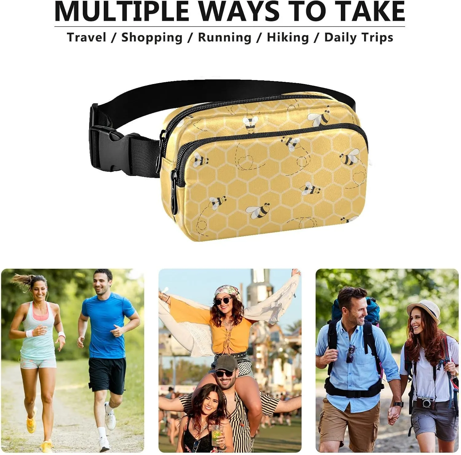 Yellow Bees Honey Fanny Packs for Women Men Crossbody Bag Fashion Waist Packs Waterproof Sling Bag Belt Bag Waist Pouch with Adjustable Strap for Travel Hiking Running Cycling Bum Bag Shoulder