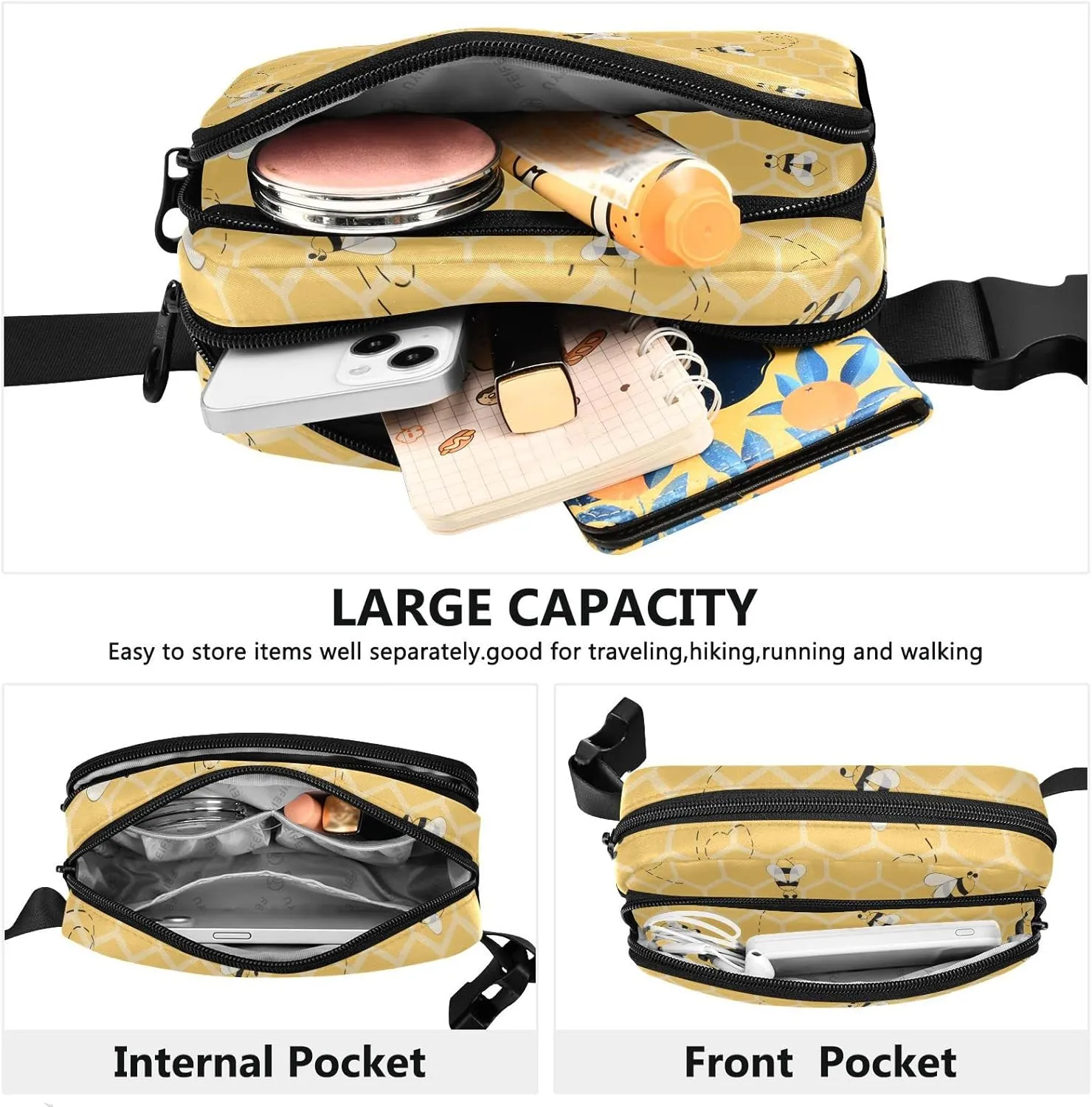 Yellow Bees Honey Fanny Packs for Women Men Crossbody Bag Fashion Waist Packs Waterproof Sling Bag Belt Bag Waist Pouch with Adjustable Strap for Travel Hiking Running Cycling Bum Bag Shoulder