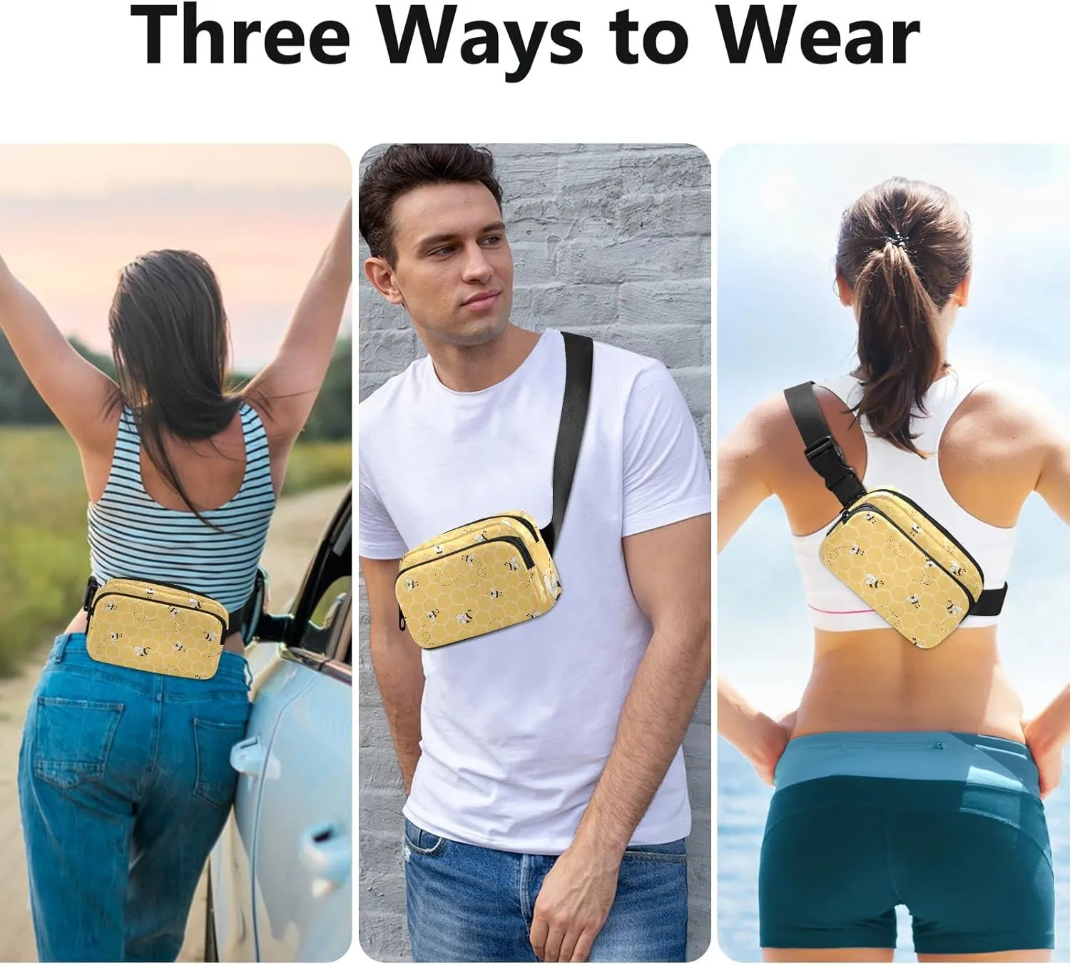Yellow Bees Honey Fanny Packs for Women Men Crossbody Bag Fashion Waist Packs Waterproof Sling Bag Belt Bag Waist Pouch with Adjustable Strap for Travel Hiking Running Cycling Bum Bag Shoulder