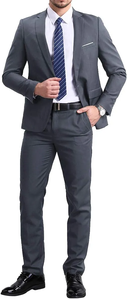 YFFUSHI Men's Slim Fit 2 Piece Suit Solid One Button Casual Formal Wedding Blazer Jacket Pants Set