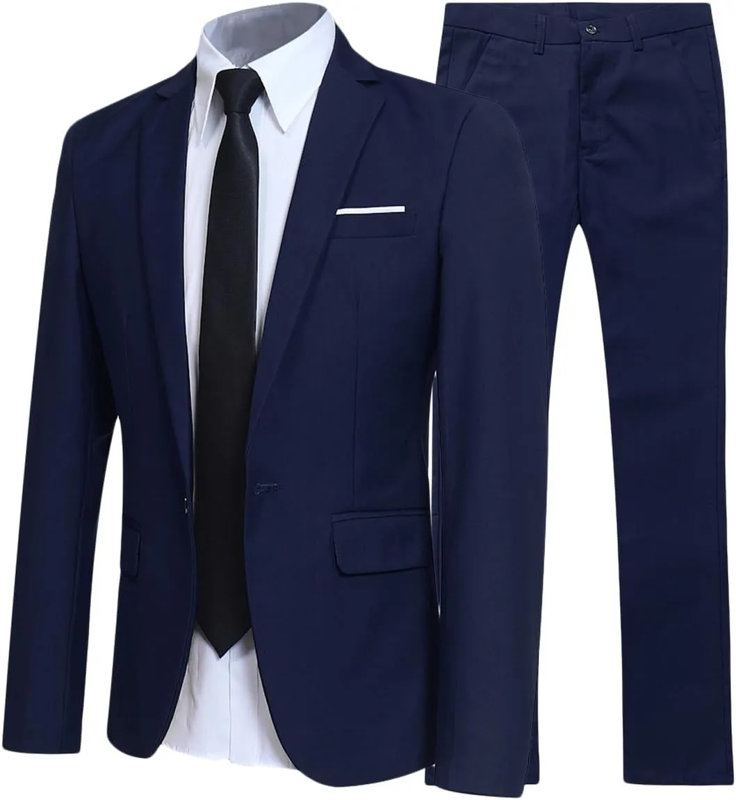 YFFUSHI Men's Slim Fit 2 Piece Suit Solid One Button Casual Formal Wedding Blazer Jacket Pants Set