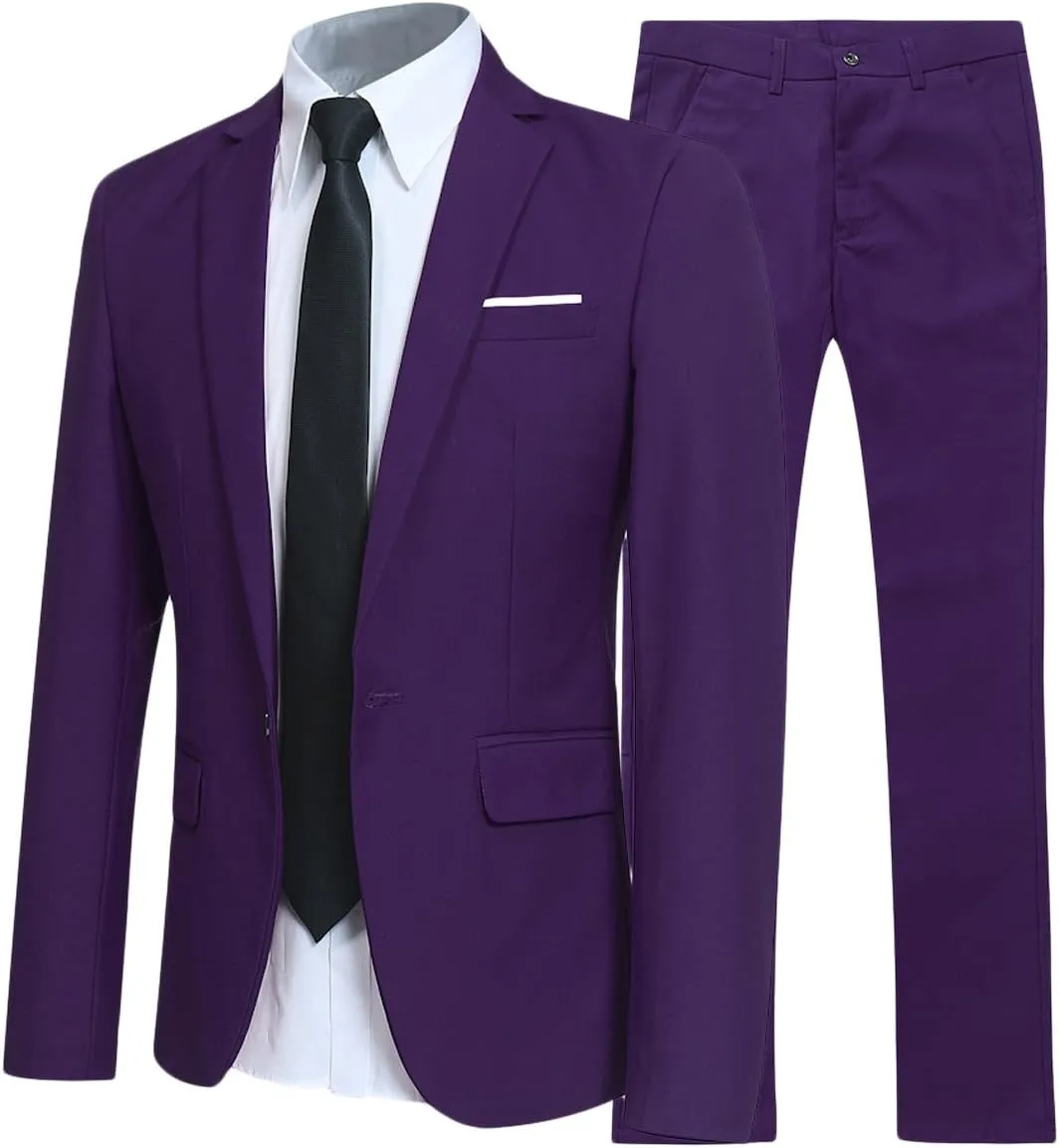 YFFUSHI Men's Slim Fit 2 Piece Suit Solid One Button Casual Formal Wedding Blazer Jacket Pants Set